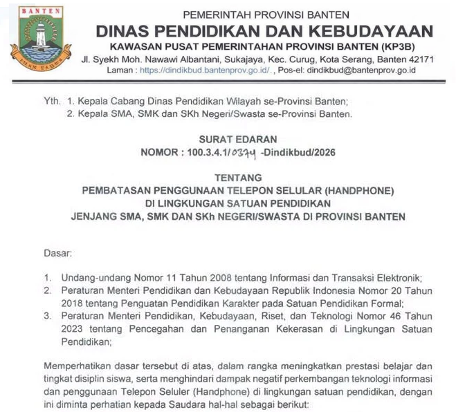 Surat edaran Dindikbud Banten tentang pembatasan handphone di sekolah