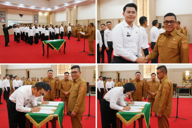 
					Gubernur Banten Andra Soni saat melantik 22 CPNS menjadi PNS dan dua pejabat fungsional dokter di Pendopo Gubernur, KP3B, Kota Serang, Senin (22/9/2025). (Sumber Foto: Biro Adpimpro Banten.)
