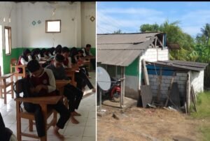 Potret sejumlah siswa tengah melaksanakan kegiatan belajar di dalam ruang kelas yang hampir roboh/Istimewa
