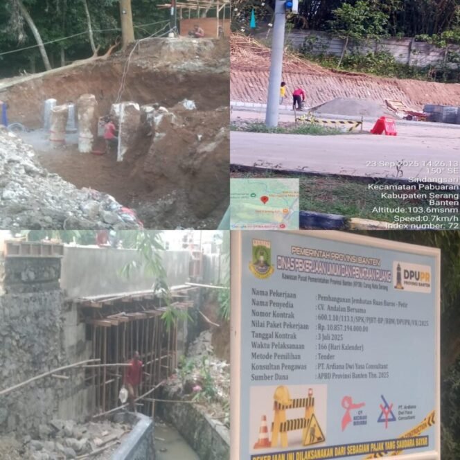 
					Sejumlah pekerja proyek pembangunan di bawah Dinas PUPR Provinsi Banten, irigasi Cipari–Cihuni, dan Jembatan Baros–Petir, terpantau bekerja tanpa menggunakan perlengkapan Keselamatan dan Kesehatan Kerja (K3). (FotoIstimewah/Bantenpopuler.com)