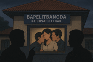 Ilustrasi menampilkan suasana malam di depan gedung Bapelitbangda Kabupaten Lebak, saat dua saksi disabilitas melihat aktivitas mencurigakan di dalam ruangan kantor.