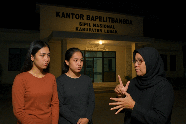 Tiga perempuan berdiri di depan kantor Bapelitbangda Kabupaten Lebak pada malam hari; dua di antaranya remaja tuna rungu sedang berkomunikasi dengan penerjemah bahasa isyarat, menggambarkan proses kesaksian dalam dugaan kasus asusila di lingkungan pemerintahan.