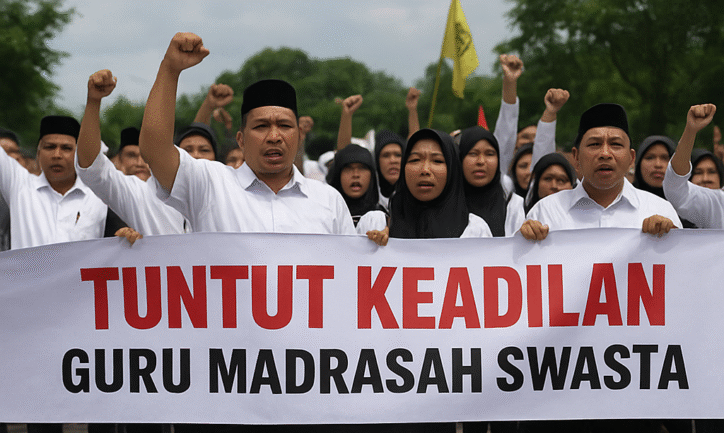 Guru madrasah swasta di Lebak membentangkan spanduk menuntut keadilan anggaran di depan Kantor Pemkab Lebak.