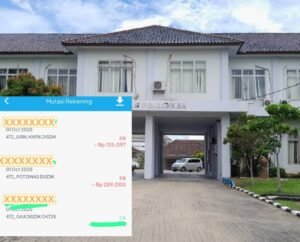 Cuplikan tangkapan layar mutasi rekening salah satu pegawai Dinas Pendidikan yang memperlihatkan potongan bertuliskan “POT DINAS DISDIK” per 1 Oktober 2025, diiringi latar gedung kantor Dinas Pendidikan Kabupaten. Potongan tersebut menimbulkan pertanyaan publik terkait dasar dan transparansinya., foto: bantenpopuler.com