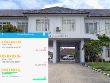 Cuplikan tangkapan layar mutasi rekening salah satu pegawai Dinas Pendidikan yang memperlihatkan potongan bertuliskan “POT DINAS DISDIK” per 1 Oktober 2025, diiringi latar gedung kantor Dinas Pendidikan Kabupaten. Potongan tersebut menimbulkan pertanyaan publik terkait dasar dan transparansinya., foto: bantenpopuler.com