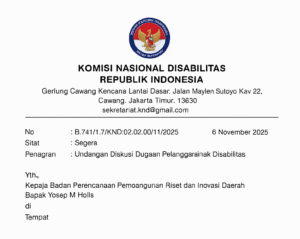 Dokumen resmi Komisi Nasional Disabilitas (KND) RI bertanggal 6 November 2025, yang berisi undangan diskusi klarifikasi kepada Kepala Baperida Lebak terkait dugaan pelanggaran hak dua perempuan Tuli, RU dan SF. (screenshot Surat Undangan)