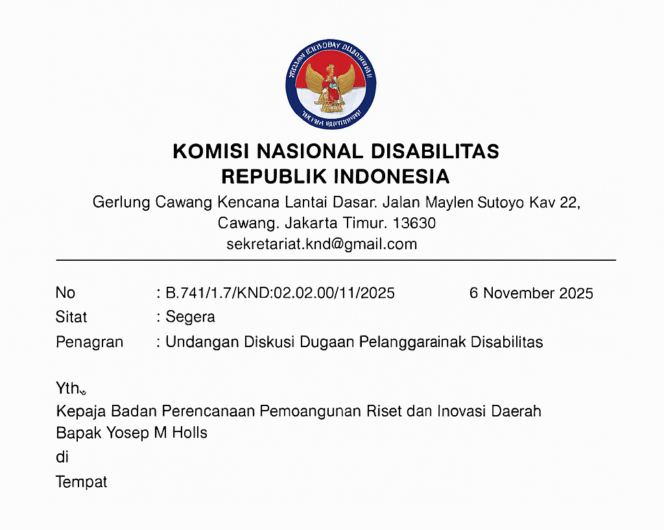 
					Dokumen resmi Komisi Nasional Disabilitas (KND) RI bertanggal 6 November 2025, yang berisi undangan diskusi klarifikasi kepada Kepala Baperida Lebak terkait dugaan pelanggaran hak dua perempuan Tuli, RU dan SF. (screenshot Surat Undangan)