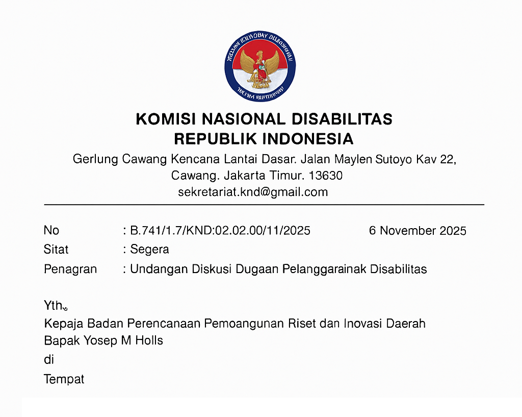 Surat resmi Komisi Nasional Disabilitas Republik Indonesia tentang pemanggilan Kepala Baperida Lebak untuk klarifikasi dugaan pelanggaran hak disabilitas.
