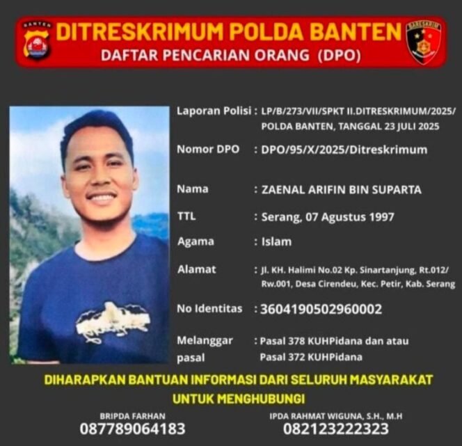 
					Poster DPO Ditreskrimum Polda Banten menampilkan identitas Zaenal Arifin Bin Suparta, oknum polisi yang dicari karena diduga melakukan penipuan rekrutmen anggota Polri dengan kerugian Rp300 juta. (Foto: Istimewa/BantenPopuler.com)