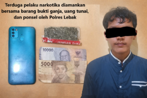 Terduga pelaku berinisial M.H.G (18) diamankan Sat Resnarkoba Polres Lebak bersama barang bukti narkotika jenis ganja, uang tunai pecahan rupiah, dan satu unit handphone. Identitas wajah disamarkan sesuai asas praduga tak bersalah. (Foto: Dok. Sat Resnarkoba Polres Lebak / Bantenpopuler.com)