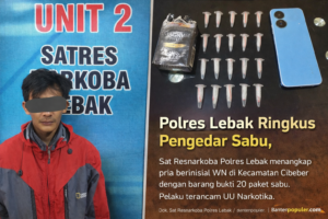 Seorang pria berinisial WN (30) diamankan Sat Resnarkoba Polres Lebak usai tertangkap tangan menyimpan 20 paket narkotika jenis sabu di Kecamatan Cibeber, Kabupaten Lebak. Barang bukti turut diamankan untuk proses hukum lebih lanjut. (Foto: Dok. Sat Resnarkoba Polres Lebak/Bantenpopuler.com)