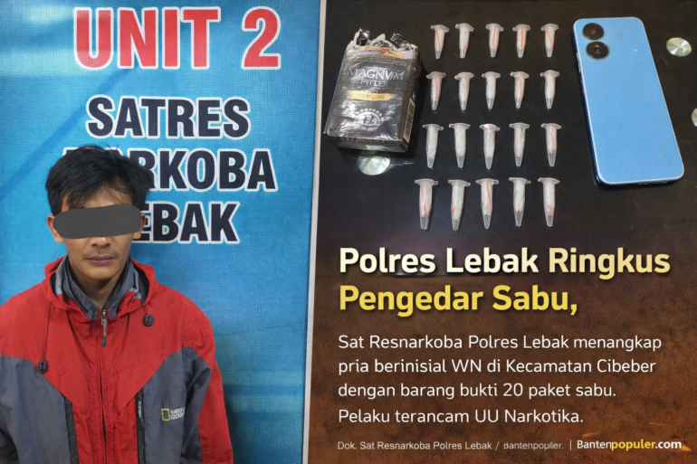 Pengedar sabu diamankan Sat Resnarkoba Polres Lebak bersama barang bukti 20 paket sabu di Kecamatan Cibeber