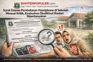 Ilustrasi kebijakan pembatasan penggunaan handphone di lingkungan SMA dan SMK se-Provinsi Banten yang menuai kritik publik, termasuk sorotan terhadap keabsahan Surat Edaran Dinas Pendidikan dan Kebudayaan Provinsi Banten. (Gambar: Ilustrasi/Dok. Bantenpopuler.com)