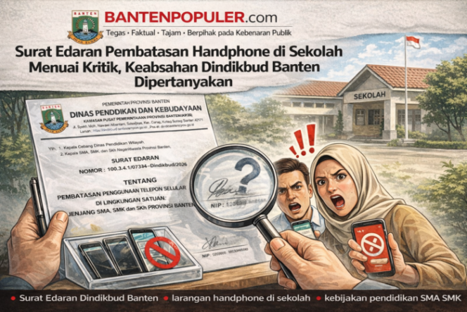 
					Ilustrasi kebijakan pembatasan penggunaan handphone di lingkungan SMA dan SMK se-Provinsi Banten yang menuai kritik publik, termasuk sorotan terhadap keabsahan Surat Edaran Dinas Pendidikan dan Kebudayaan Provinsi Banten. (Gambar: Ilustrasi/Dok. Bantenpopuler.com)