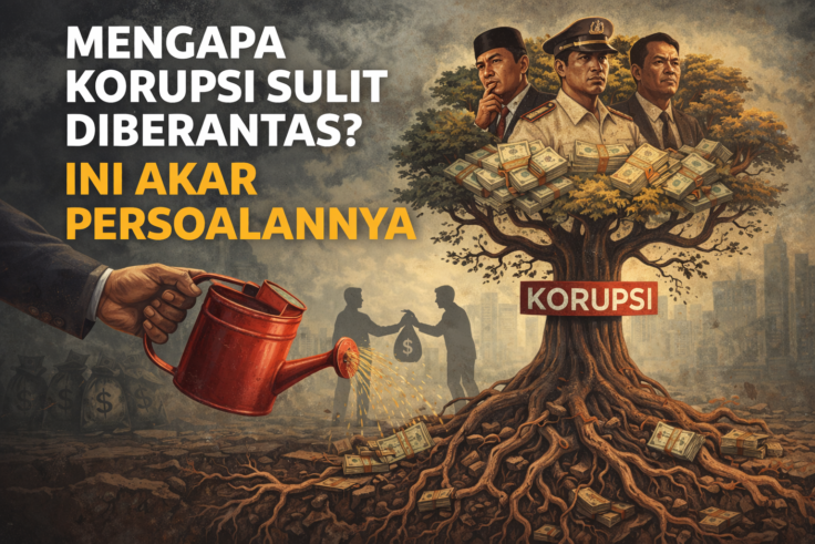 Ilustrasi pohon korupsi dengan akar berbentuk tangan mencengkeram uang, menggambarkan korupsi yang mengakar kuat di sistem dan sikap para pemegang kekuasaan.