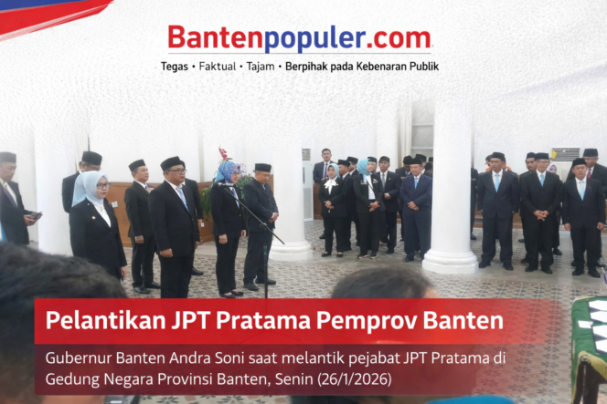 
					Gubernur Banten Andra Soni melantik dan mengambil sumpah JPT Pratama Pemprov Banten di Gedung Negara Provinsi Banten, Kota Serang, Senin (26/1/2026). (Foto: Biro Adpim Setda Banten/Dok. Bantenpopuler.com)
