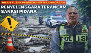 Kondisi ruas jalan rusak di wilayah Pandeglang, Banten, yang menjadi lokasi kecelakaan hingga menelan korban jiwa. Penyelenggara jalan terancam sanksi pidana apabila tidak segera melakukan perbaikan sesuai ketentuan Undang-Undang Lalu Lintas.(Gambar: Ilustrasi/Dok.Bantenpopuler.com)