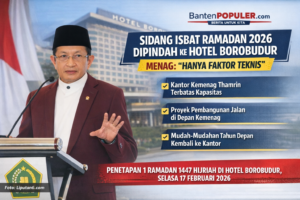 Menteri Agama Nasaruddin Umar menjelaskan Sidang Isbat 1 Ramadan 1447 H dipindah ke Hotel Borobudur Jakarta karena keterbatasan akses dan parkir akibat proyek pembangunan jalan di kawasan Thamrin. (Foto: Dok. Bantenpopuler.com)
