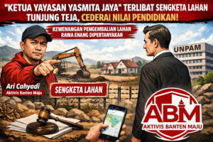 Ilustrasi editorial menggambarkan ketegangan sengketa lahan di Tunjung Teja dan polemik pengelolaan Rawa Enang. Visual menampilkan simbol konflik agraria, penegakan hukum, serta sorotan aktivis terhadap aspek integritas dan tata kelola kewenangan. (Gambar: Ilustrasi Bantenpopuler.com)
