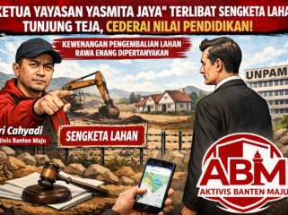 Ilustrasi editorial menggambarkan ketegangan sengketa lahan di Tunjung Teja dan polemik pengelolaan Rawa Enang. Visual menampilkan simbol konflik agraria, penegakan hukum, serta sorotan aktivis terhadap aspek integritas dan tata kelola kewenangan. (Gambar: Ilustrasi Bantenpopuler.com)
