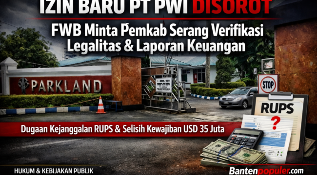 Gerbang PT Parkland World Indonesia di Cikande, Kabupaten Serang. FWB meminta Pemkab Serang berhati-hati menerbitkan izin baru terkait dugaan kejanggalan RUPS dan selisih kewajiban imbalan kerja. (Foto: Dok. Bantenpopuler.com)