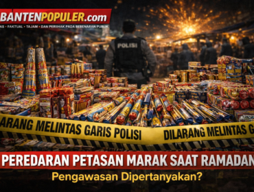Tumpukan petasan di lapak dagang dengan garis polisi dan kehadiran aparat, menggambarkan sorotan terhadap maraknya peredaran petasan di kawasan Pasar Rangkasbitung selama Ramadan. (Gambar: Ilutrasi/Bantenpopuler.com)