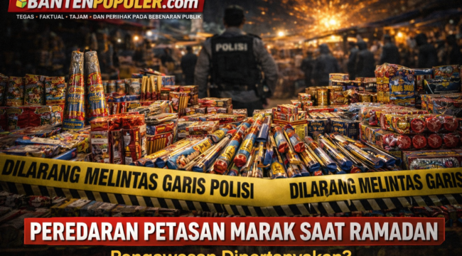Tumpukan petasan di lapak dagang dengan garis polisi dan kehadiran aparat, menggambarkan sorotan terhadap maraknya peredaran petasan di kawasan Pasar Rangkasbitung selama Ramadan. (Gambar: Ilutrasi/Bantenpopuler.com)