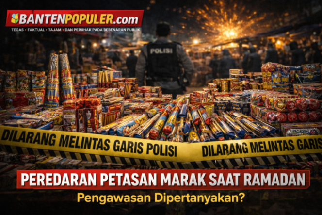 
					Tumpukan petasan di lapak dagang dengan garis polisi dan kehadiran aparat, menggambarkan sorotan terhadap maraknya peredaran petasan di kawasan Pasar Rangkasbitung selama Ramadan. (Gambar: Ilutrasi/Bantenpopuler.com)