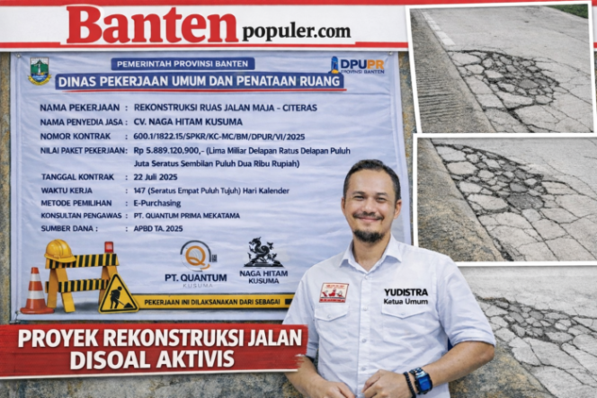 
					Ketua Umum Baralak Nusantara, Yudistra, menyoroti kondisi Ruas Jalan Maja–Citeras yang diduga mengalami kerusakan meski proyek rekonstruksi baru selesai dilaksanakan melalui APBD Provinsi Banten Tahun Anggaran 2025. (Gambar: Dok, Bantenpopuler.com)
