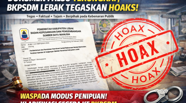 Surat mutasi ASN palsu yang mencatut nama BKPSDM Kabupaten Lebak. BKPSDM memastikan surat tersebut tidak sah dan meminta masyarakat waspada terhadap modus penipuan. (Gambar: Ilustrasi Hoaks/Bantenpopuler.com)