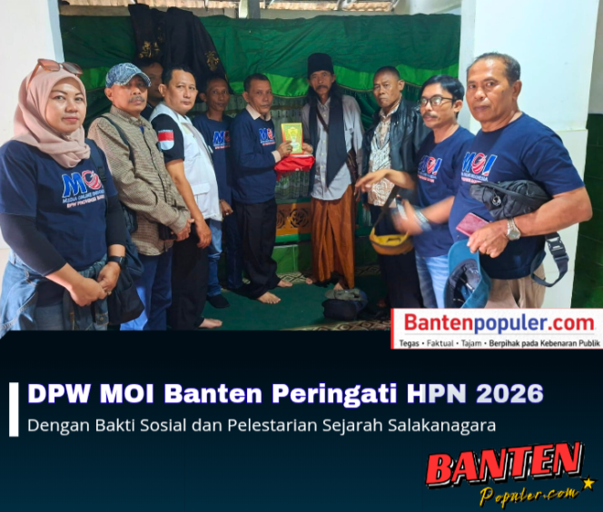 
					Pengurus DPW MOI Banten melaksanakan bakti sosial, wakaf buku yasin, serta edukasi sejarah dalam rangka Hari Pers Nasional 2026 di Situs Salakanagara, Cihunjuran, Mandalawangi, Pandeglang.