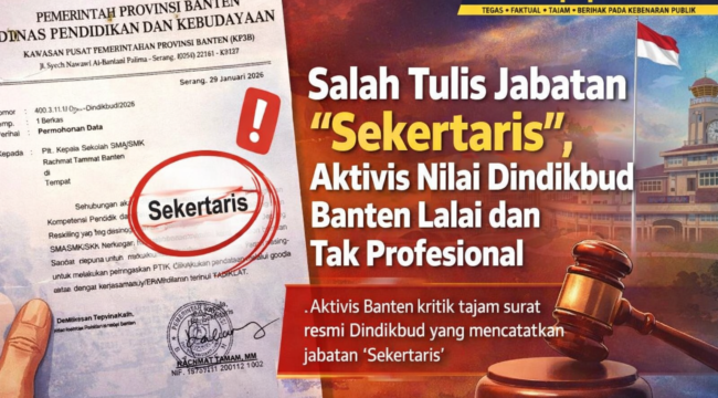 Kritik publik terhadap Dindikbud Banten akibat kesalahan penulisan jabatan “Sekertaris” dalam surat resmi tertanggal 29 Januari 2026. (Gambar: Ilustrasi | Dok. Bantenpopuler.com)
