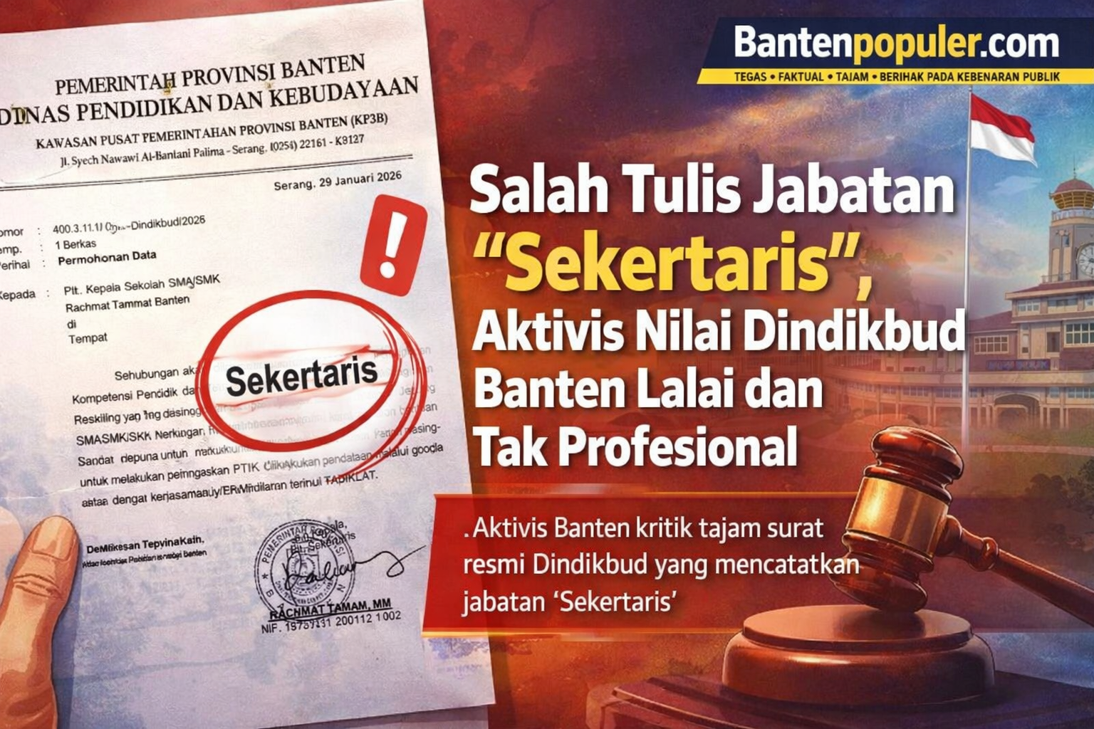 Ilustrasi surat resmi Dindikbud Banten dengan kesalahan penulisan jabatan Sekertaris yang menuai kritik aktivis.