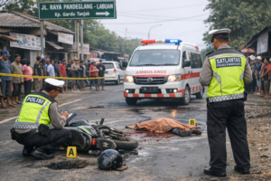 Lokasi kecelakaan di Jalan Raya Pandeglang–Labuan, Kampung Gardu Tanjak, tempat seorang penumpang ojek meninggal dunia setelah terjatuh akibat motor masuk lubang dan terlindas ambulans.