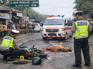 Lokasi kecelakaan di Jalan Raya Pandeglang–Labuan, Kampung Gardu Tanjak, tempat seorang penumpang ojek meninggal dunia setelah terjatuh akibat motor masuk lubang dan terlindas ambulans.