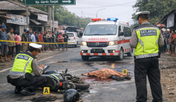Petugas Satlantas Polres Pandeglang melakukan olah TKP kecelakaan di Jalan Raya Pandeglang–Labuan yang menewaskan seorang pelajar setelah terjatuh dan terlindas ambulans.