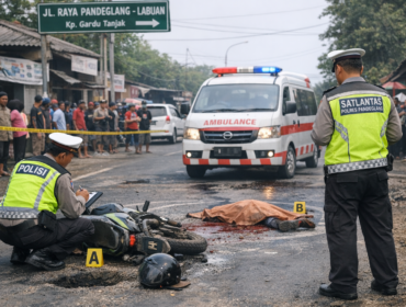 Lokasi kecelakaan di Jalan Raya Pandeglang–Labuan, Kampung Gardu Tanjak, tempat seorang penumpang ojek meninggal dunia setelah terjatuh akibat motor masuk lubang dan terlindas ambulans.