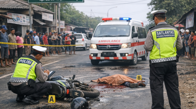 Lokasi kecelakaan di Jalan Raya Pandeglang–Labuan, Kampung Gardu Tanjak, tempat seorang penumpang ojek meninggal dunia setelah terjatuh akibat motor masuk lubang dan terlindas ambulans.