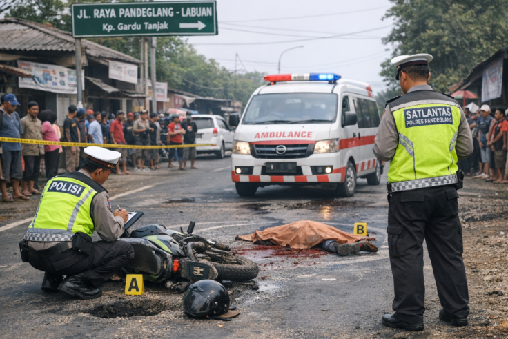 Petugas Satlantas Polres Pandeglang melakukan olah TKP kecelakaan di Jalan Raya Pandeglang–Labuan yang menewaskan seorang pelajar setelah terjatuh dan terlindas ambulans.