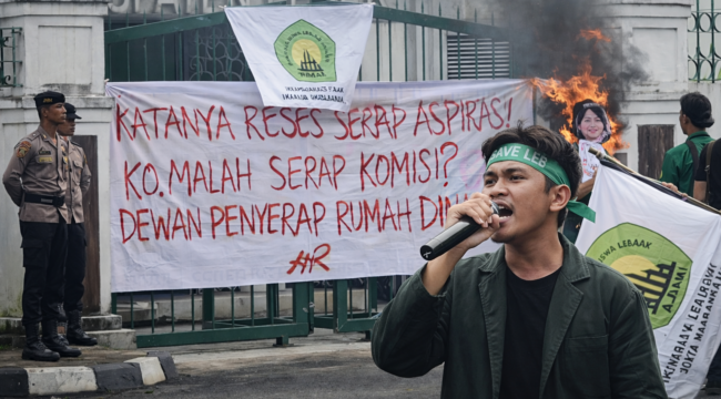 Seorang mahasiswa IMALA menyampaikan orasi menggunakan pengeras suara di depan gerbang DPRD Kabupaten Lebak, Rabu (4/3/2026), dalam aksi menolak kenaikan dana reses 22,8 persen. (Foto: Dok. IMALA/Istimewa/Bantenpopuler.com)