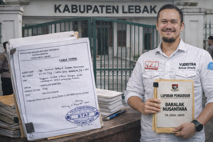 Ketua Umum BARALAK Nusantara, Yudistira, menunjukkan berkas laporan pengaduan dugaan korupsi APBD 2024–2025 di depan Gedung DPRD Kabupaten Lebak dengan bukti tanda terima dari Polda Banten.