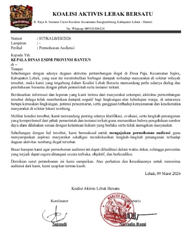 
					Koalisi Aktivis Lebak Bersatu Surati ESDM Banten, Minta Audiensi dan Verifikasi Lapangan Terkait Galian Tanah Cadas di Desa Paja