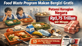 Studi yang dirilis Center of Economics and Law Studies (Celios) pada Februari 2026 mengungkap potensi kerugian negara hingga Rp1,75 triliun per minggu akibat makanan terbuang dalam program Makan Bergizi Gratis. (bantenpopuler.com)