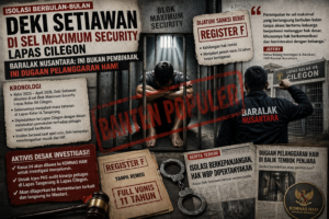 Visual ilustrasi bergaya editorial menampilkan dugaan isolasi berkepanjangan WBP Deki Setiawan di Lapas Cilegon, lengkap dengan elemen berita dan cap air BANTEN POPULER sebagai identitas media.