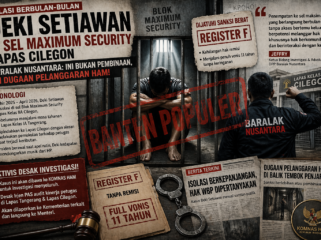 Visual ilustrasi bergaya editorial menampilkan dugaan isolasi berkepanjangan WBP Deki Setiawan di Lapas Cilegon, lengkap dengan elemen berita dan cap air BANTEN POPULER sebagai identitas media.
