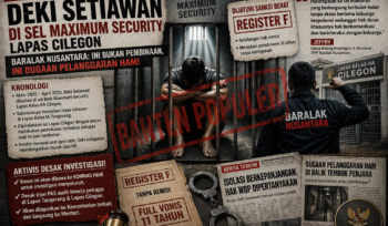 Ilustrasi narapidana di dalam sel maximum security dengan latar kolase elemen berita, dokumen hukum, dan headline, disertai cap air “BANTEN POPULER” yang menyoroti kasus Deki Setiawan.