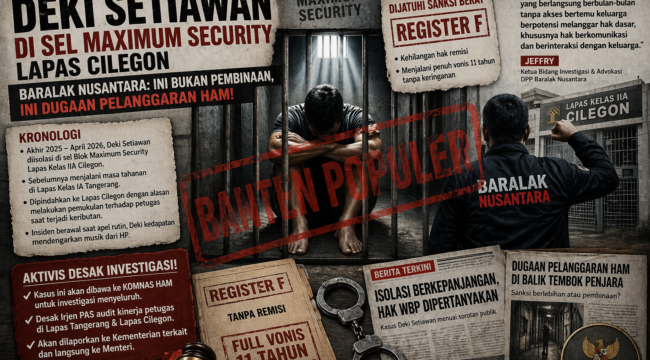 Visual ilustrasi bergaya editorial menampilkan dugaan isolasi berkepanjangan WBP Deki Setiawan di Lapas Cilegon, lengkap dengan elemen berita dan cap air BANTEN POPULER sebagai identitas media.