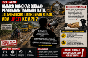 Ilustrasi yang menggambarkan dampak aktivitas tambang batu terhadap kerusakan jalan dan lingkungan di Guradog. AMMCB menyoroti dugaan pembiaran serta mendesak penegakan hukum terhadap pihak yang bertanggung jawab.