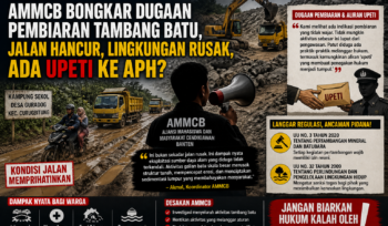Ilustrasi aktivitas tambang batu dengan alat berat dan truk di jalan rusak berlumpur, disertai visual protes masyarakat terhadap kerusakan lingkungan dan dugaan pembiaran hukum