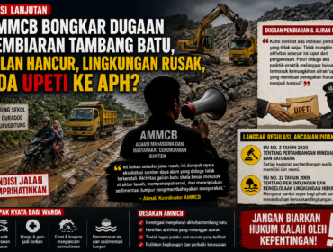 Ilustrasi yang menggambarkan dampak aktivitas tambang batu terhadap kerusakan jalan dan lingkungan di Guradog. AMMCB menyoroti dugaan pembiaran serta mendesak penegakan hukum terhadap pihak yang bertanggung jawab.